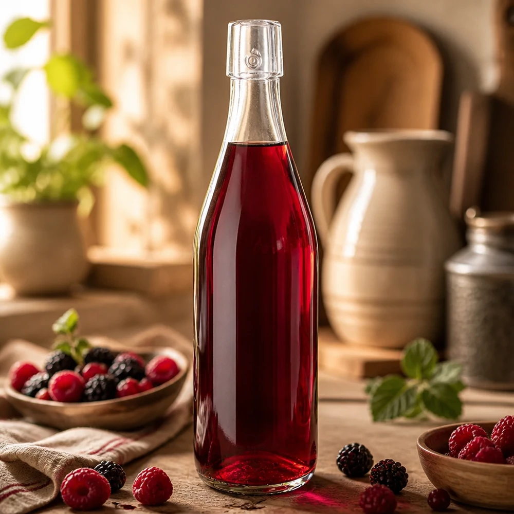 Bottiglia in vetro UNiTWIST da 500 ml riempita di succo di bacche rosse come applicazione lifestyle in una cucina rustica