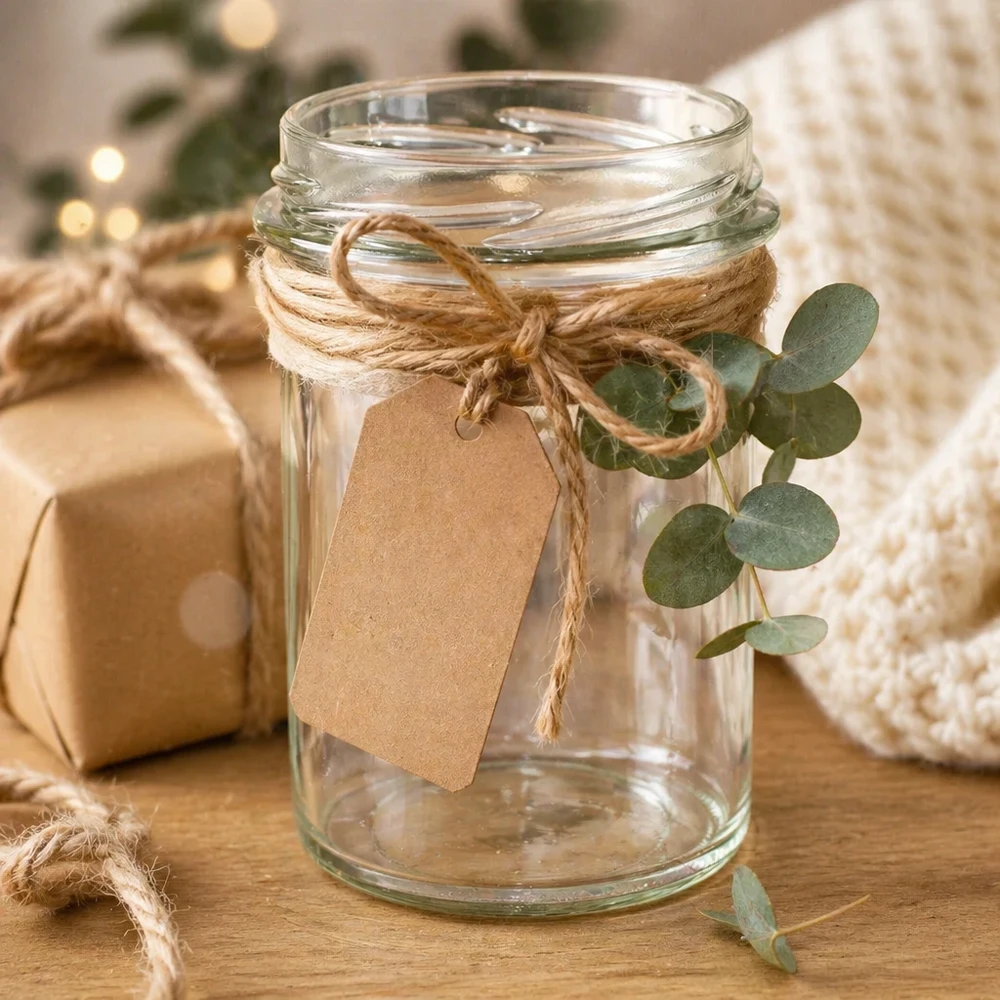 Leeres Sturzglas 230ml TO66 dekoriert mit Juteschnur Geschenkanhänger und Eukalyptus auf Holztisch