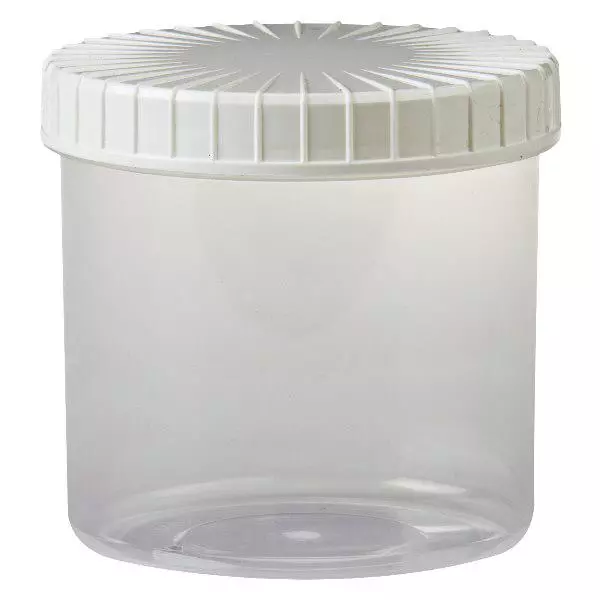 Pot en plastique transparent 375 ml + couvercle à vis blanc strié en PE, fermeture standard Pot en plastique transparent 375 ml + couvercle à vis blanc strié en PE, fermeture standard