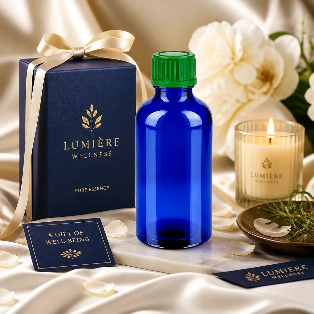 Elegante flacone in vetro da 50 ml in blu cobalto con tappo verde per prodotti di cura di alta qualità