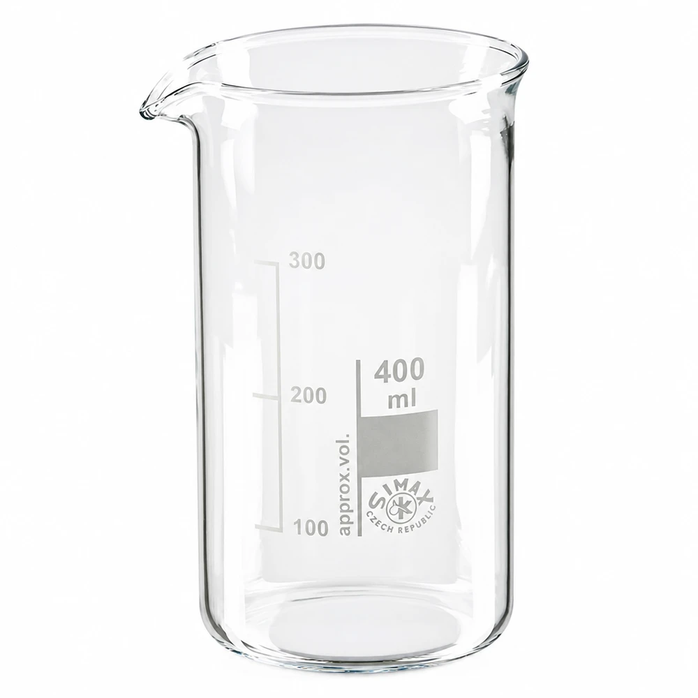 Bicchiere da 400 ml in vetro borosilicato, forma alta Bicchiere da laboratorio da 400 ml, modello alto, in vetro borosilicato con scala graduata, prodotto da SIMAX Czech Republic
