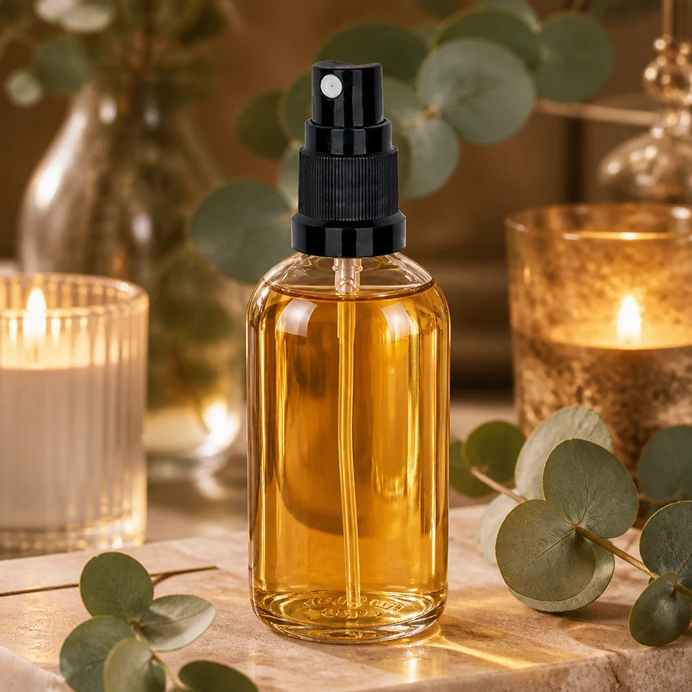 Flacone spray da 100 ml nero STD ClearLine UT18/100 Flacone spray ClearLine da 100 ml color oro UT18/100 con erogatore nero in un ambiente dedicato al benessere