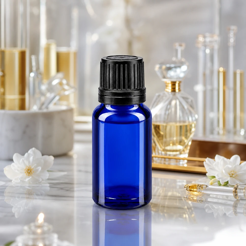Apothekenflasche blau 10ml Tropfverschluss Giessring 1mm schwarz Originalitätsverschluss Manipulationssichere 10ml Tropfflasche Apothekenglas blau mit 1mm Einsatz für Naturkosmetik