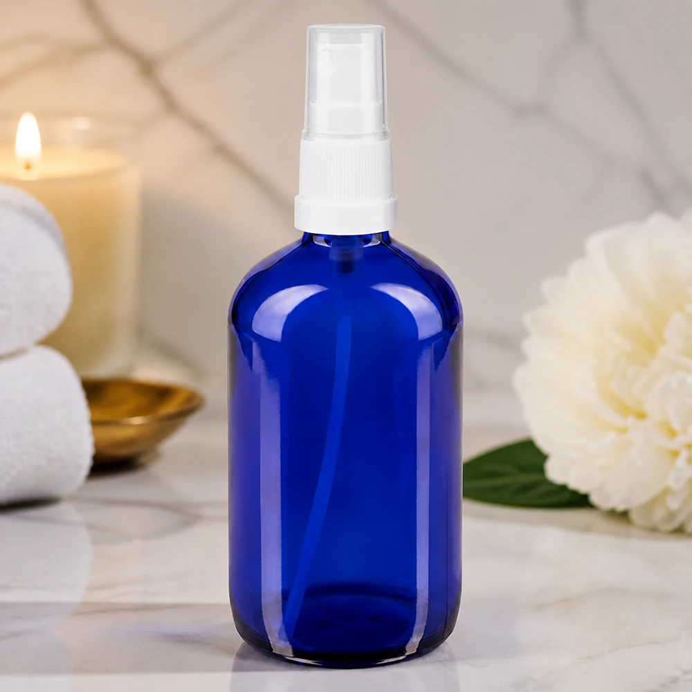 Apothekenflasche blau 100ml Sprayaufsatz weiß UV-schützende blaue 100ml Glassprayflasche mit Pumpzerstäuber für Naturkosmetik