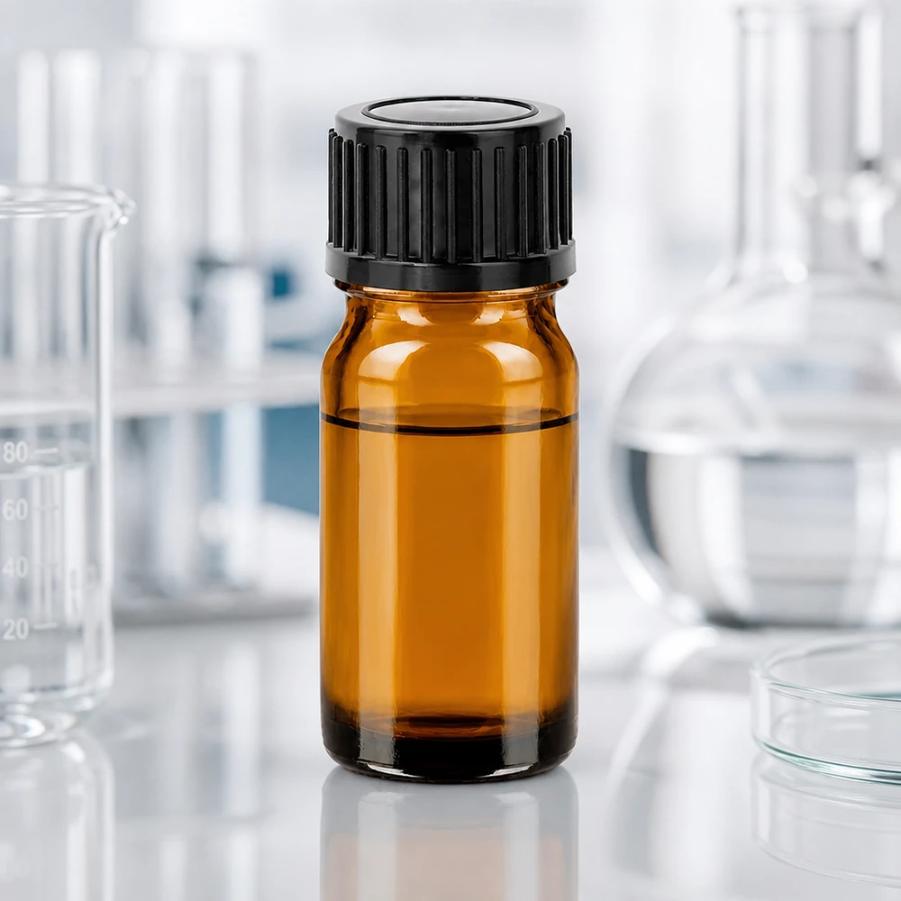 Flacone compatto da 5 ml in vetro marrone con tappo nero per un dosaggio preciso di piccole quantità