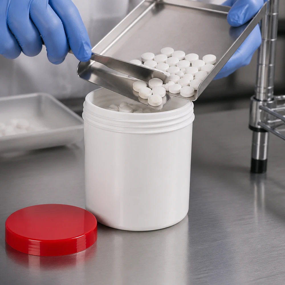 Pot à onguent blanc 300 g avec couvercle rouge (PP) Grand récipient : pot à pommade de 300 g, blanc, avec couvercle à vis rouge en PP, destiné aux produits pharmaceutiques