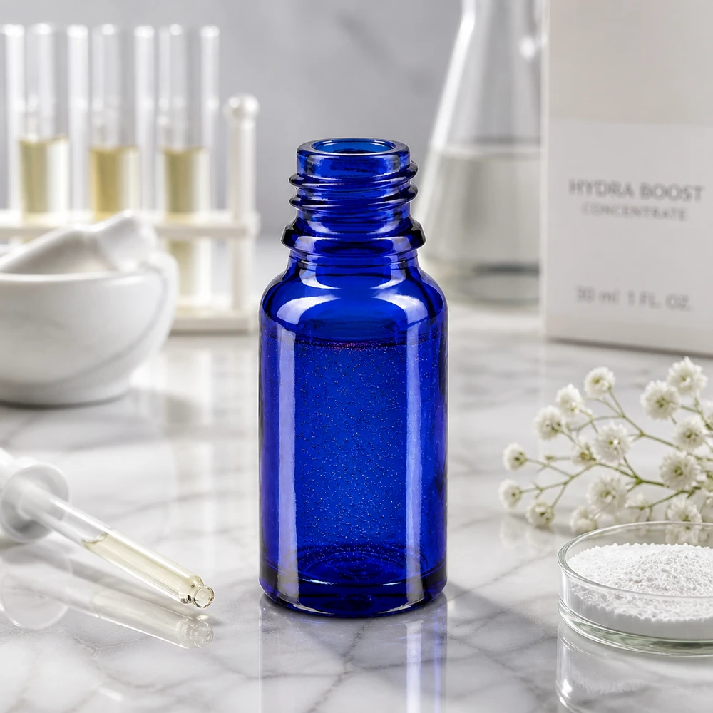 Flacone farmaceutico blu da 10 ml ApoGlas Flacone professionale in vetro blu 10ml ApoGlas con quantità di riempimento precisa per farmacie