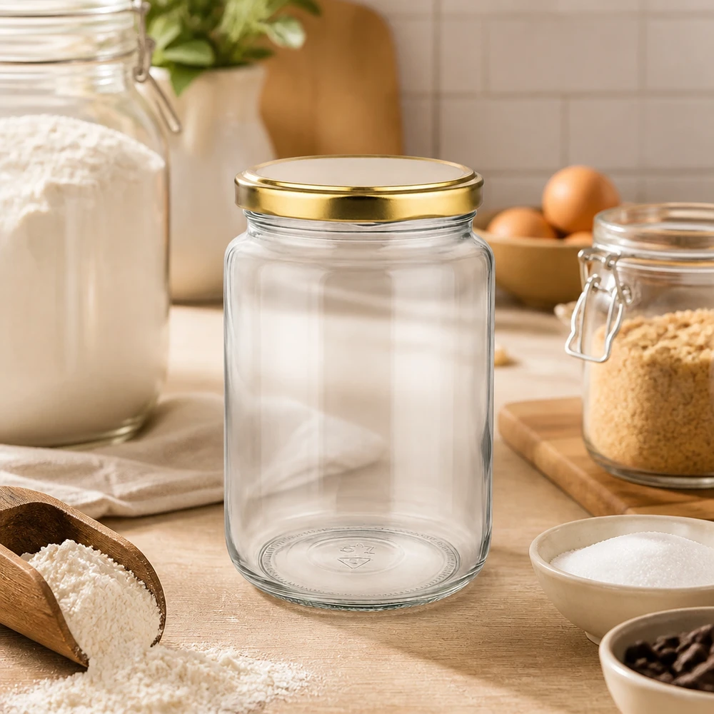 Barattolo rotondo vuoto da 795 ml con coperchio BasicSeal dorato in ambiente da cucina con farina e ingredienti da forno su una tavola di legno