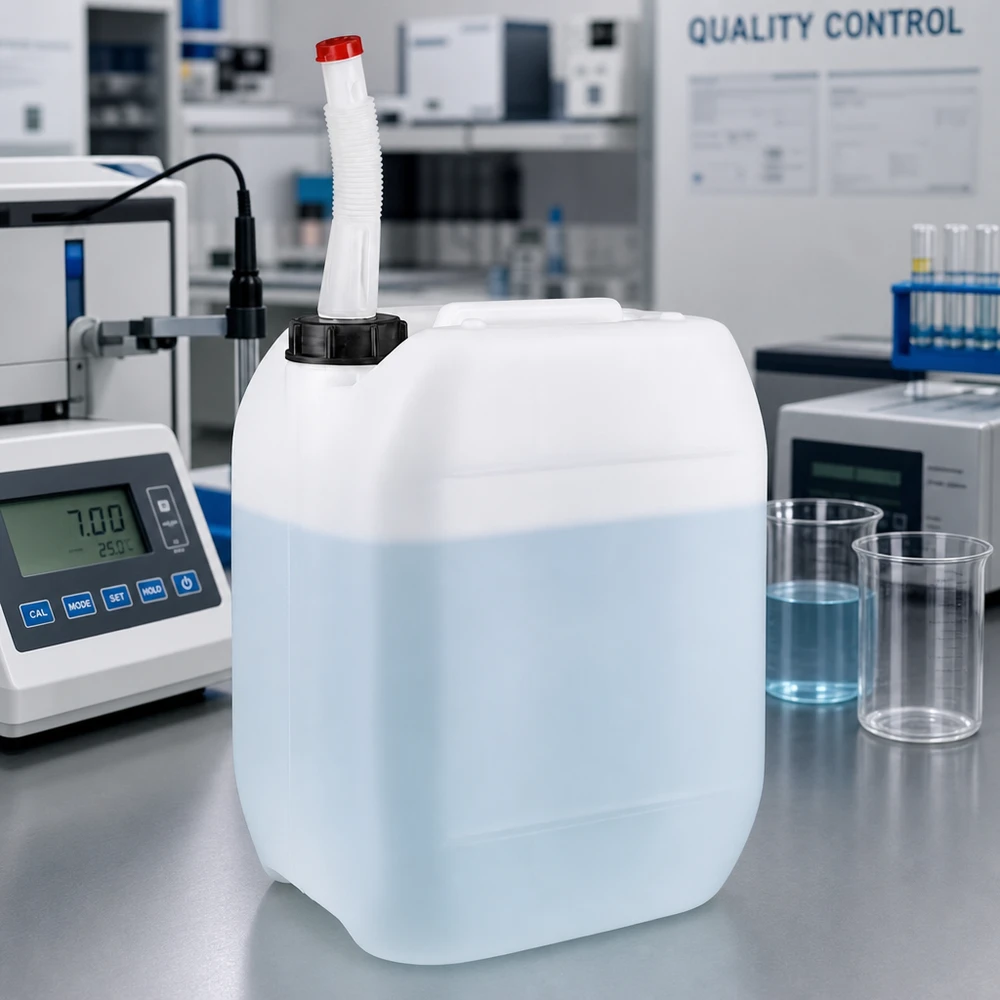 Bidon 10 litres avec tuyau d'écoulement Flex Un bidon de 10 litres à moitié rempli, muni d'un tuyau de vidange flexible, à côté d'un pH-mètre et de béchers dans le laboratoire