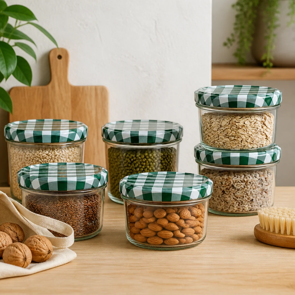 Set di barattoli da 230 ml di varie dimensioni con frutta secca e cereali, coperchio a scacchiera verde e bianco.