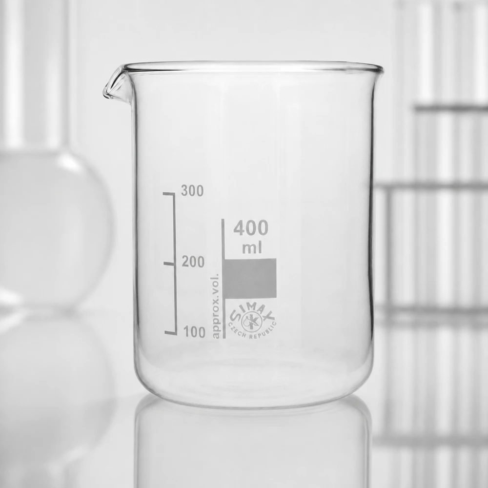Bicchiere 400ml in vetro borosilicato, forma bassa Bicchiere da laboratorio da 400 ml, forma bassa con pratico beccuccio per un dosaggio preciso