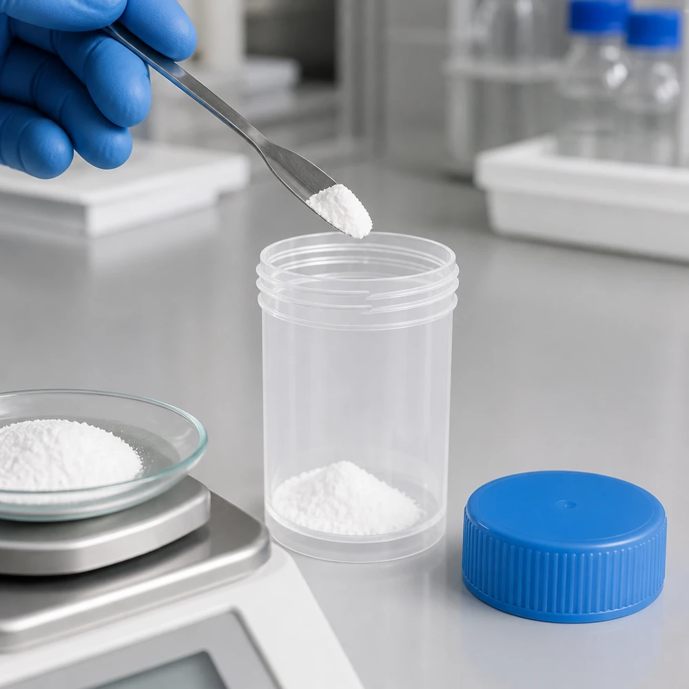 Petit récipient cylindrique transparent pour échantillons pathologiques de 35 ml, avec un couvercle bleu, posé sur une surface de laboratoire blanche