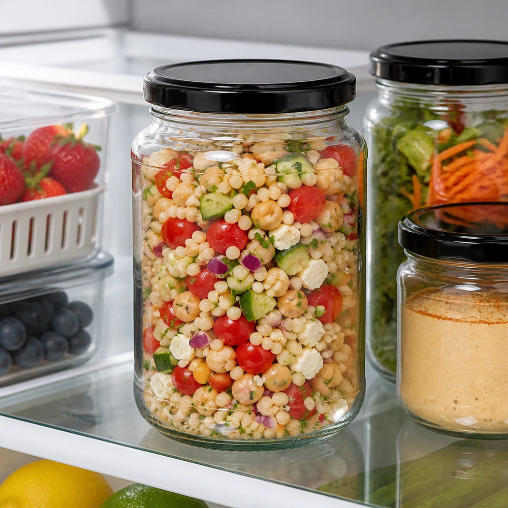 Meal Prep im 320ml UNiTWIST Rundglas mit schwarzem BasicSeal Deckel frisch im Kühlschrank