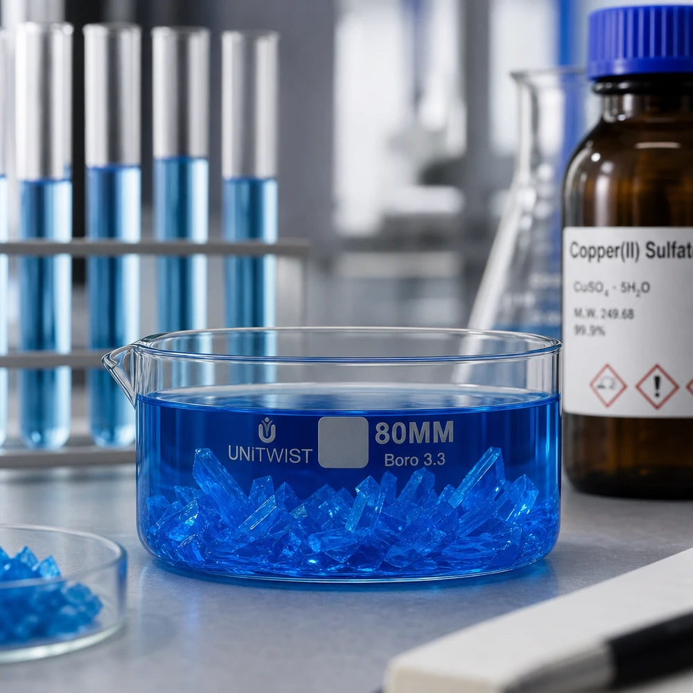 Laborschale 80mm mit wachsenden blauen Kristallen aus gesättigter Kupfersulfat-Lösung