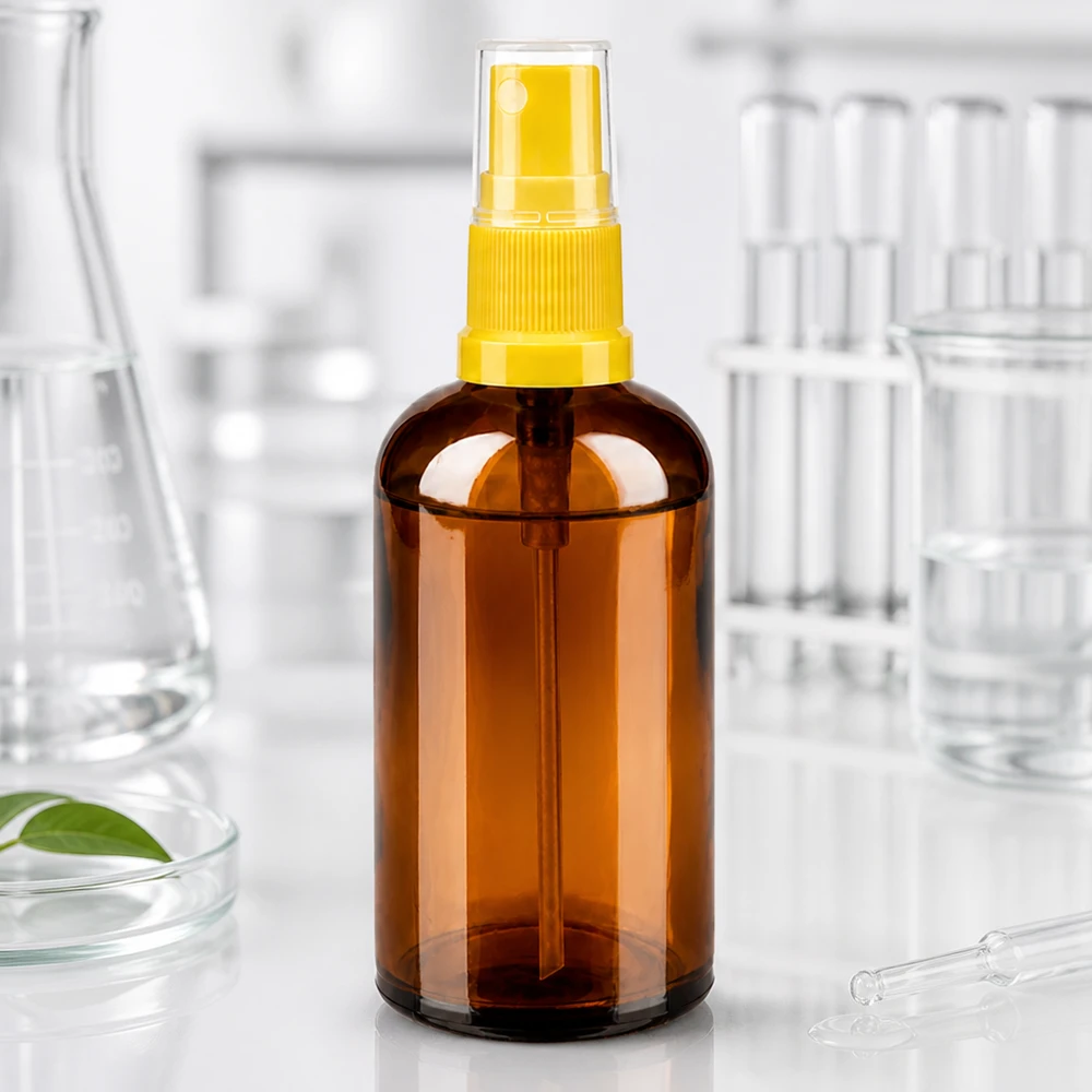 100ml Sprayflasche gelb/transparent Standardverschluss BrownLine UT18/100 Handliche 100ml Glasflasche mit Sprühaufsatz für Raumsprays und Wellness-Anwendungen