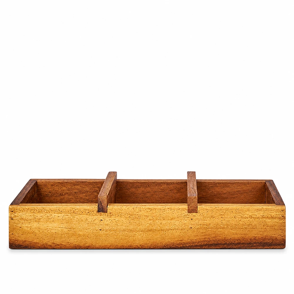 Vassoio di servizio Box3 in legno di acacia per 3 tumbler WECK. Vassoio di servizio Box3 in legno di acacia con tre scomparti per tumbler WECK in legno naturale marrone rettangolare con manici