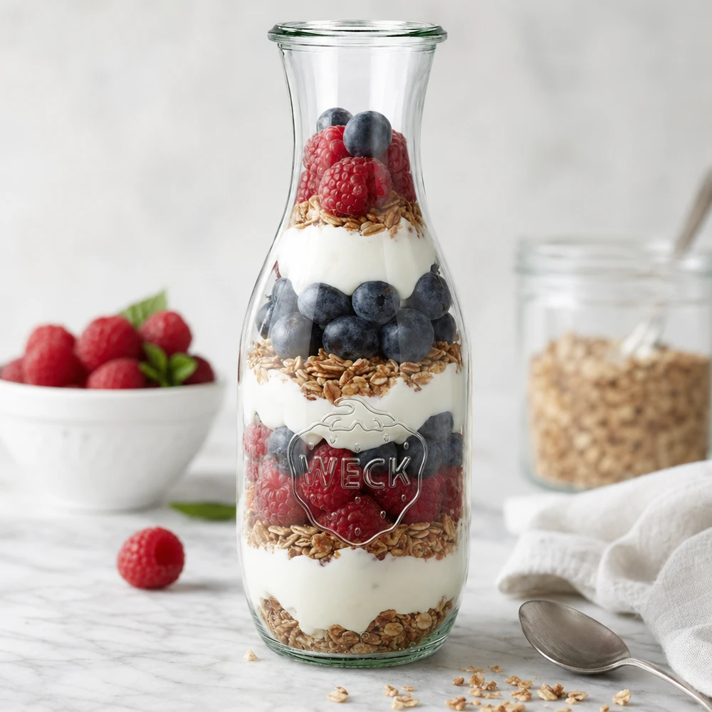 Bottiglia per succhi da 1062 ml WECK RR60 Bottiglia di succo WECK da 1062 ml RR60 come barattolo per parfait con yogurt, bacche e granola, accanto a cucchiaio e frutta.