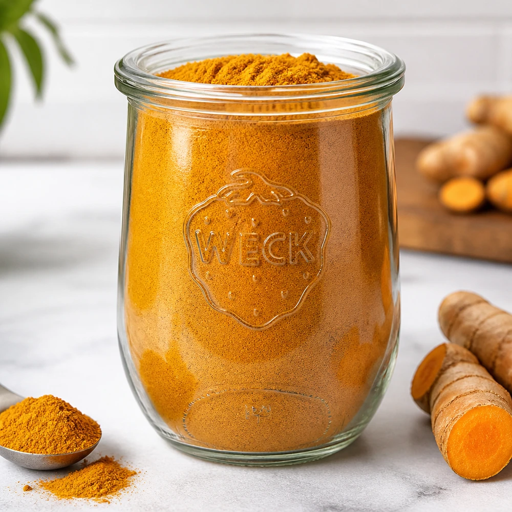 Barattolo a tulipano da 1062 ml con coperchio in vetro WECK RR100 Vaso a tulipano WECK 1062ml RR100 riempito di curcuma in polvere accanto a radici di curcuma fresche Cucina per la conservazione delle spezie