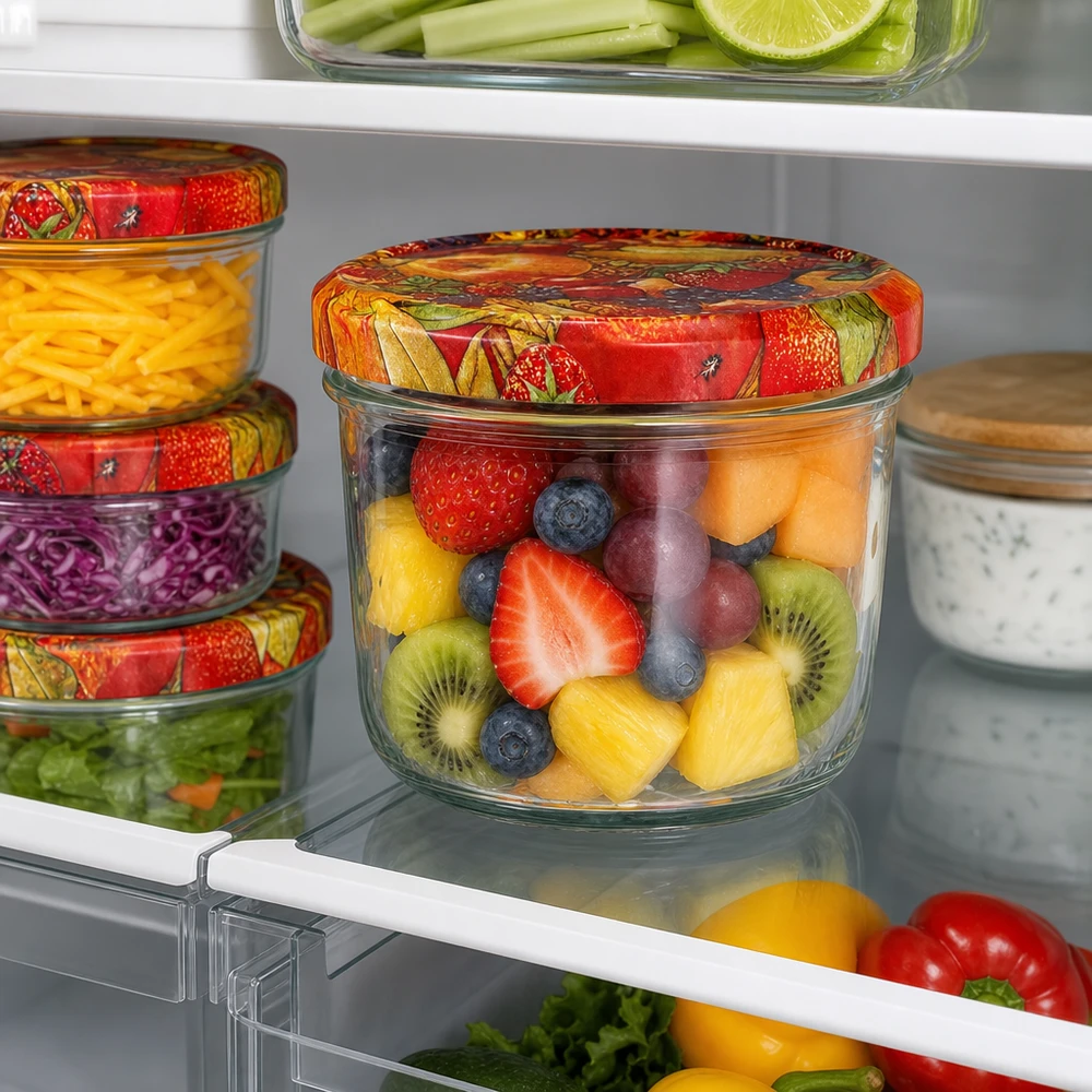 230ml Sturzglas + BasicSeal Deckel Obst-Dekor UNiTWIST 230ml Sturzglas mit buntem BasicSeal Obstdekor-Deckel gefüllt mit frischem Obstsalat im Kühlschrank gelagert
