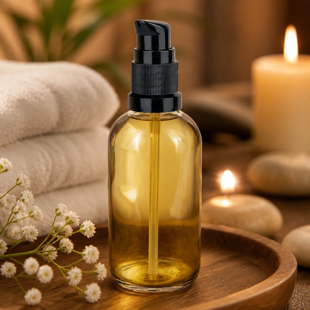 Flacone in vetro da 100 ml color ambra con dosatore nero, olio da massaggio, candele, benessere, spa