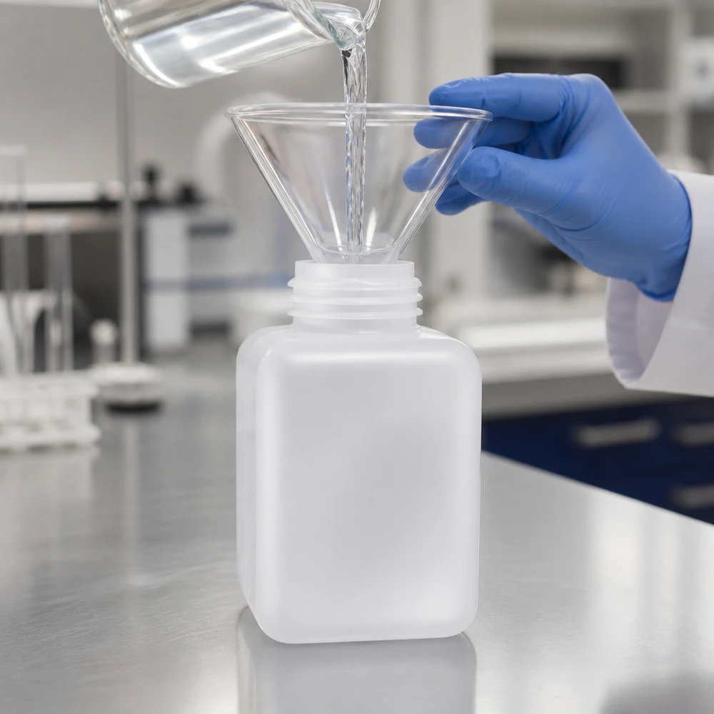 L'entonnoir en verre intégré à la bouteille PE-HD à col large de 500 ml, de couleur naturelle, permet de transvaser en toute sécurité les liquides de laboratoire