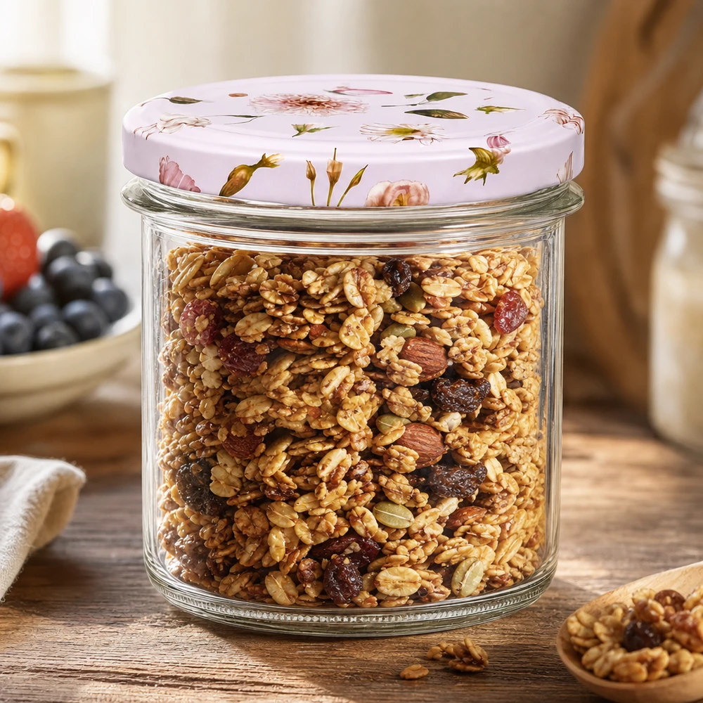 Bicchieri da 350 ml con decoro floreale rosa riempiti di noci di muesli come contenitore su un tavolo di legno Accessori per la cucina