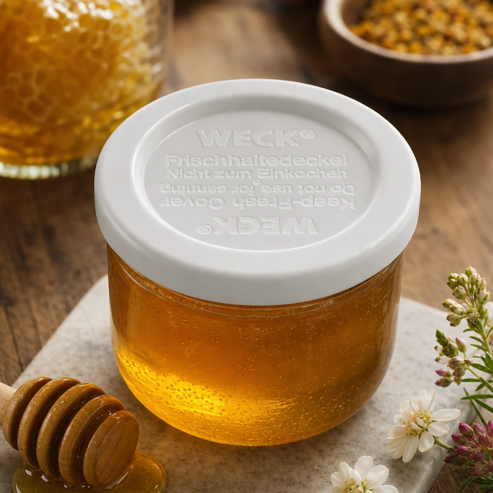 Coperchio WECK/REX Keep Fresh RR40 Coperchio per conserve WECK RR40 con vasetto di miele e nido d'ape - conservazione naturale degli alimenti con decorazione floreale