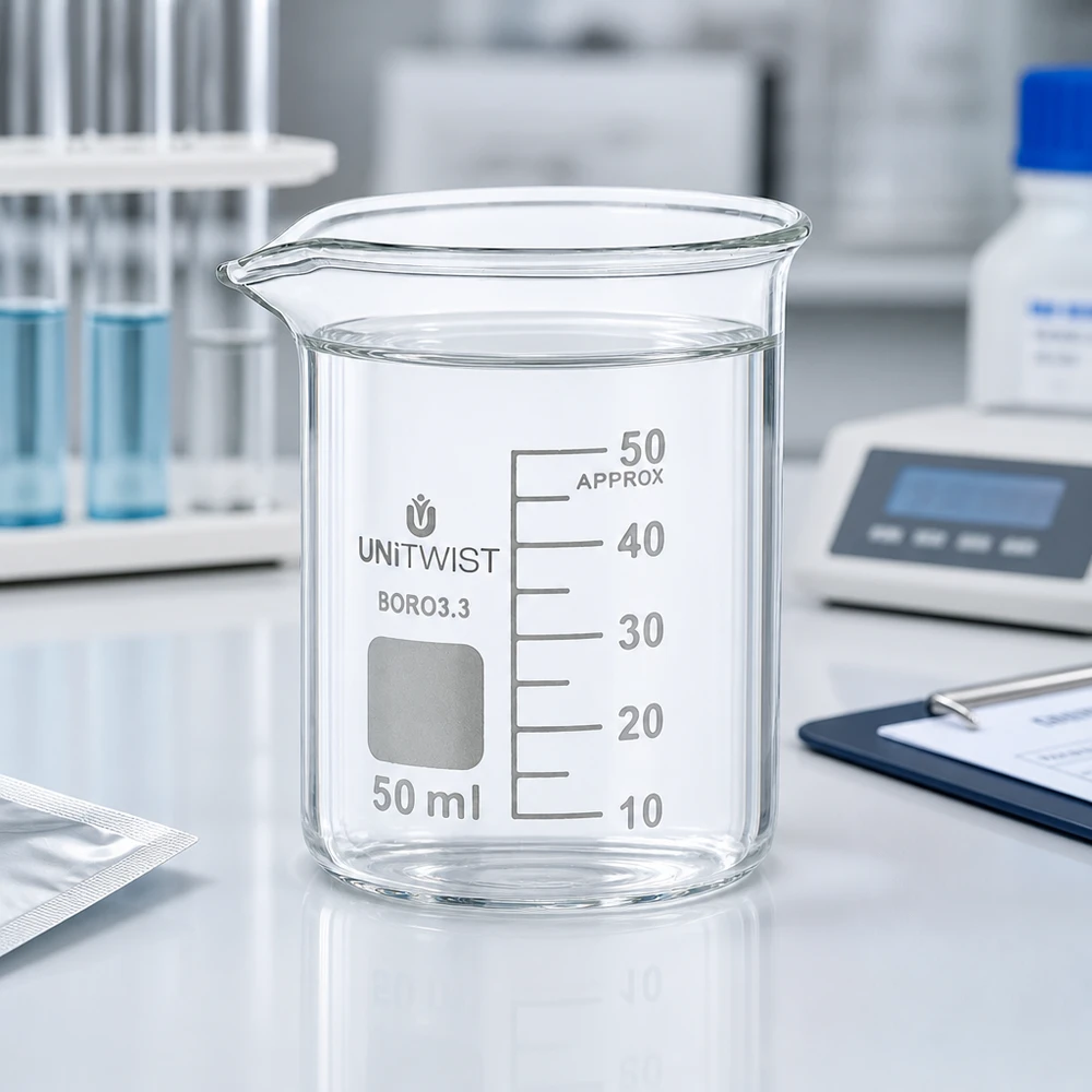 Bicchiere da 50 ml in borosilicato, a basso stampo UNiTWIST Bicchiere di vetro vuoto da 50 ml UNiTWIST, forma bassa, in vetro borosilicato con scala millimetrica incisa