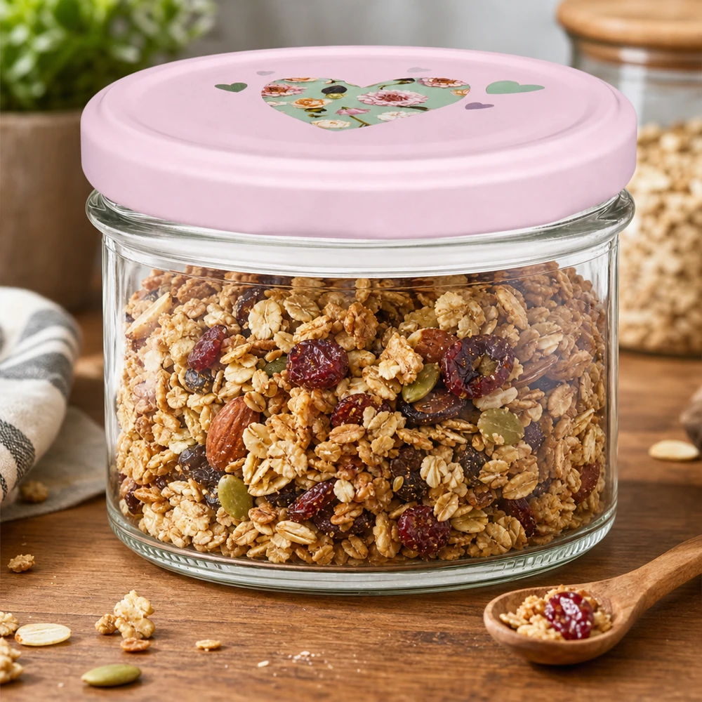 225ml Sturzglas + BasicSeal Deckel Herz rosa UNiTWIST 225ml Einmachglas mit rosa Herz-Deckel gefüllt mit Müsli und Nüssen als Vorratsglas auf Holztisch