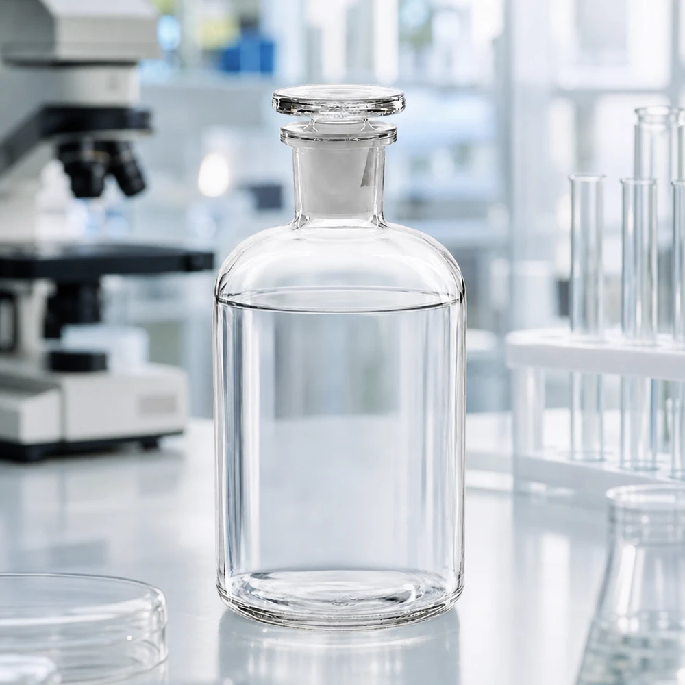 Fiaschetta da laboratorio trasparente da 500 ml con collo stretto e tappo di vetro su un tavolo da laboratorio bianco