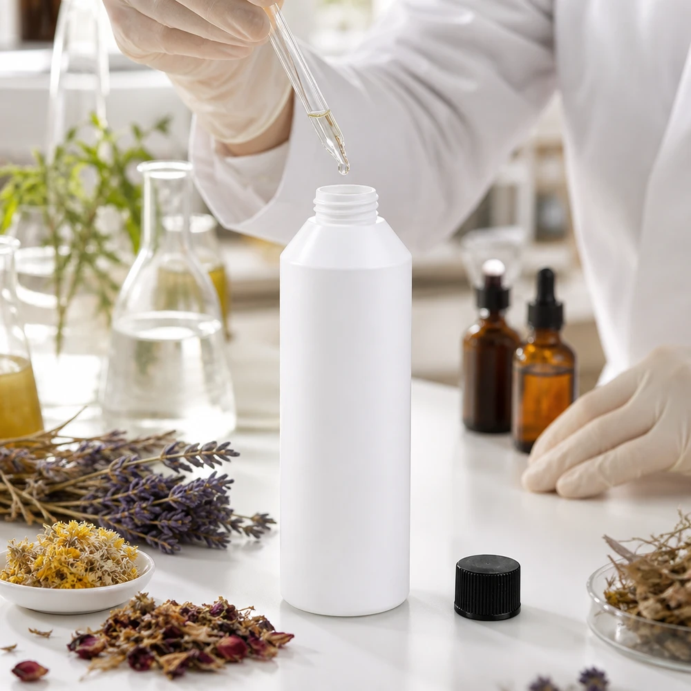 Une laborantine portant des gants remplit une bouteille blanche en PEHD de 250 ml de lavande et des flacons ambrés