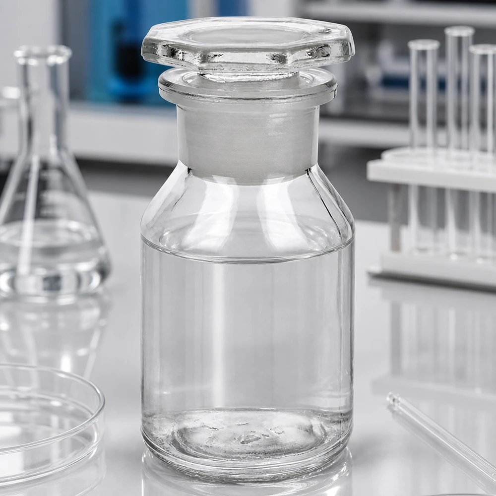 Flacone a fondo piatto da 50 ml, trasparente, a collo largo, con tappo in vetro molato per una conservazione sicura