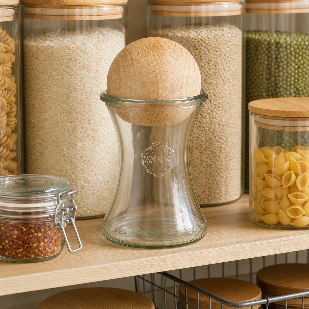 Vasetto da 370 ml WECK RR80 con sfera in legno di faggio. Palla di legno di faggio Vaso per salumeria WECK 370ml RR80 con sfera in faggio in un rack di stoccaggio tra vasi da conserva pieni di pasta di riso
