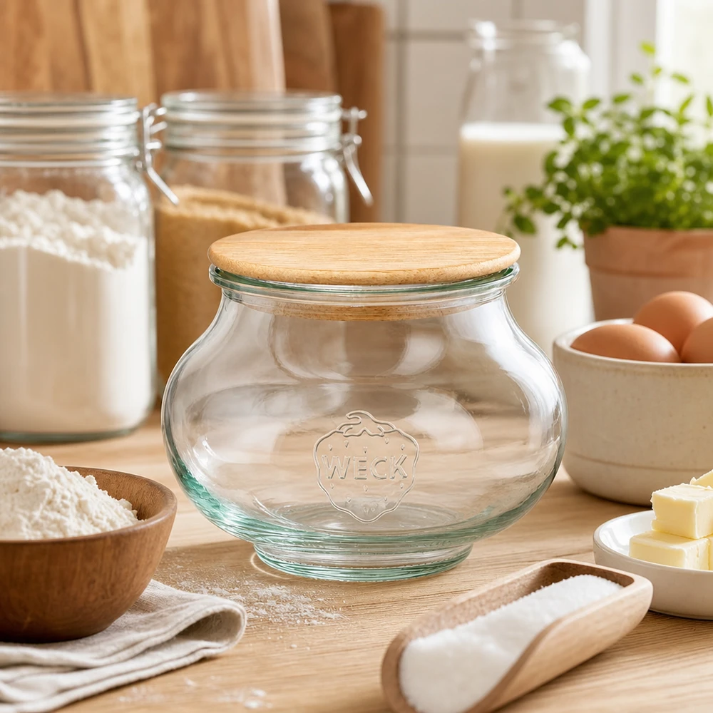 560ml Schmuckglas WECK RR80 mit Holzdeckel WECK Schmuckglas 560ml RR80 mit Holzdeckel Eiche zwischen Backzutaten Mehl Eiern Butter auf Holzbrett Küche