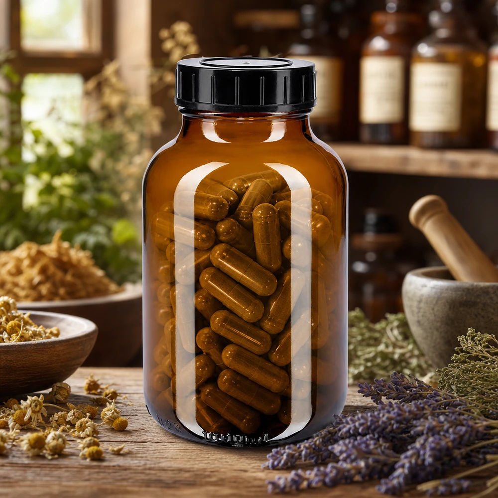 Bocal à col large en verre ambré 1000 ml + couvercle à vis Bouteille brune 1000ml à col large avec bouchon à vis pour gélules et produits pharmaceutiques