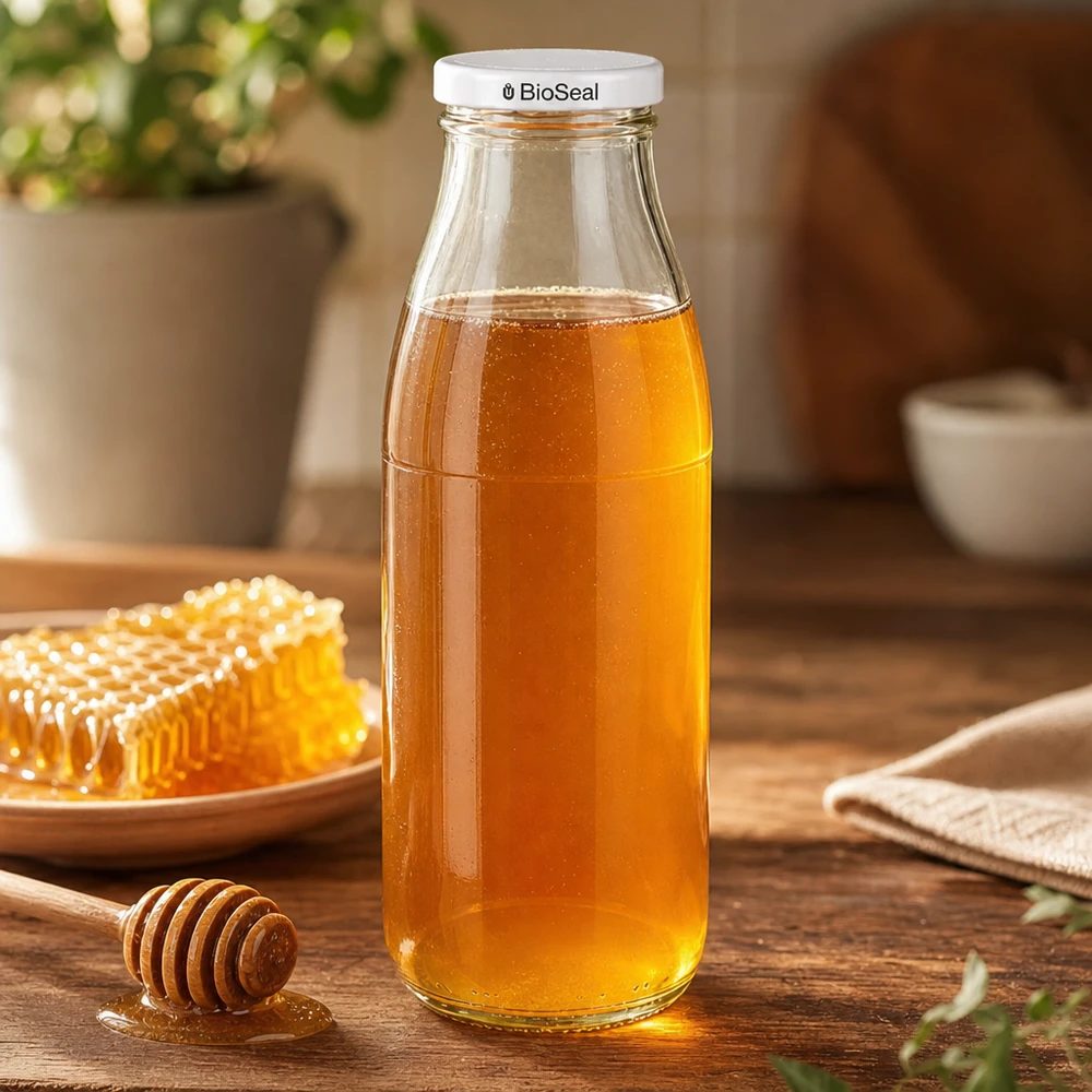 500ml Glasflasche + BioSeal Deckel weiß UNiTWIST 500ml Glasflasche mit Honig befüllt, weißer BioSeal Deckel, neben Bienenwabe und Honiglöffel auf Holztisch