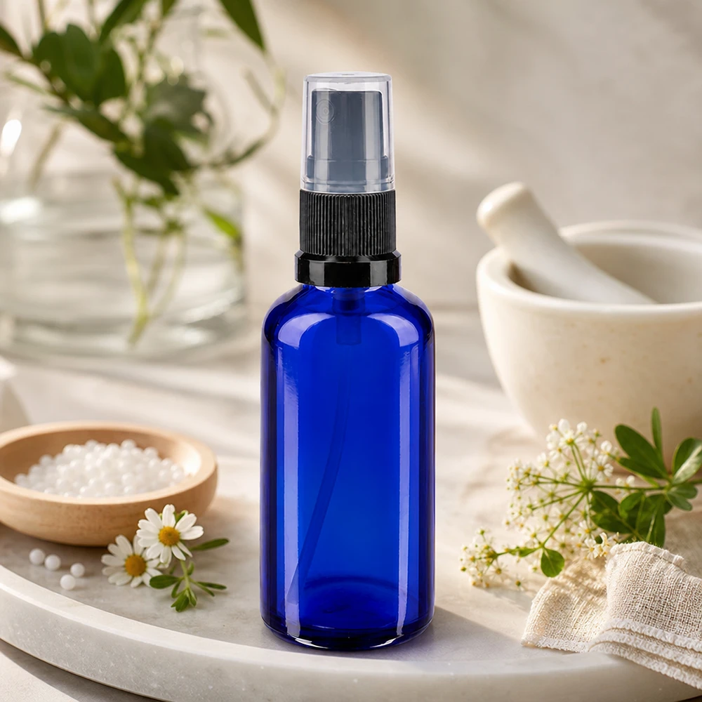 Apothekenflasche blau 50ml Sprayaufsatz schwarz Kleine blaue Apotheker Sprühflasche 50ml mit Kräuterdeko für Naturheilkunde