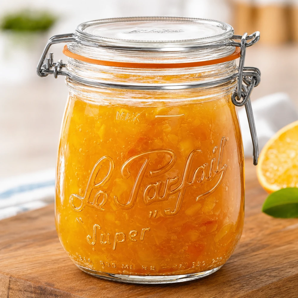 Vasetto Le Parfait® 750 ml Ø85 mm conserve Vasetto Le Parfait Super da 750 ml con tappo girevole riempito di marmellata di arance su tavola di legno
