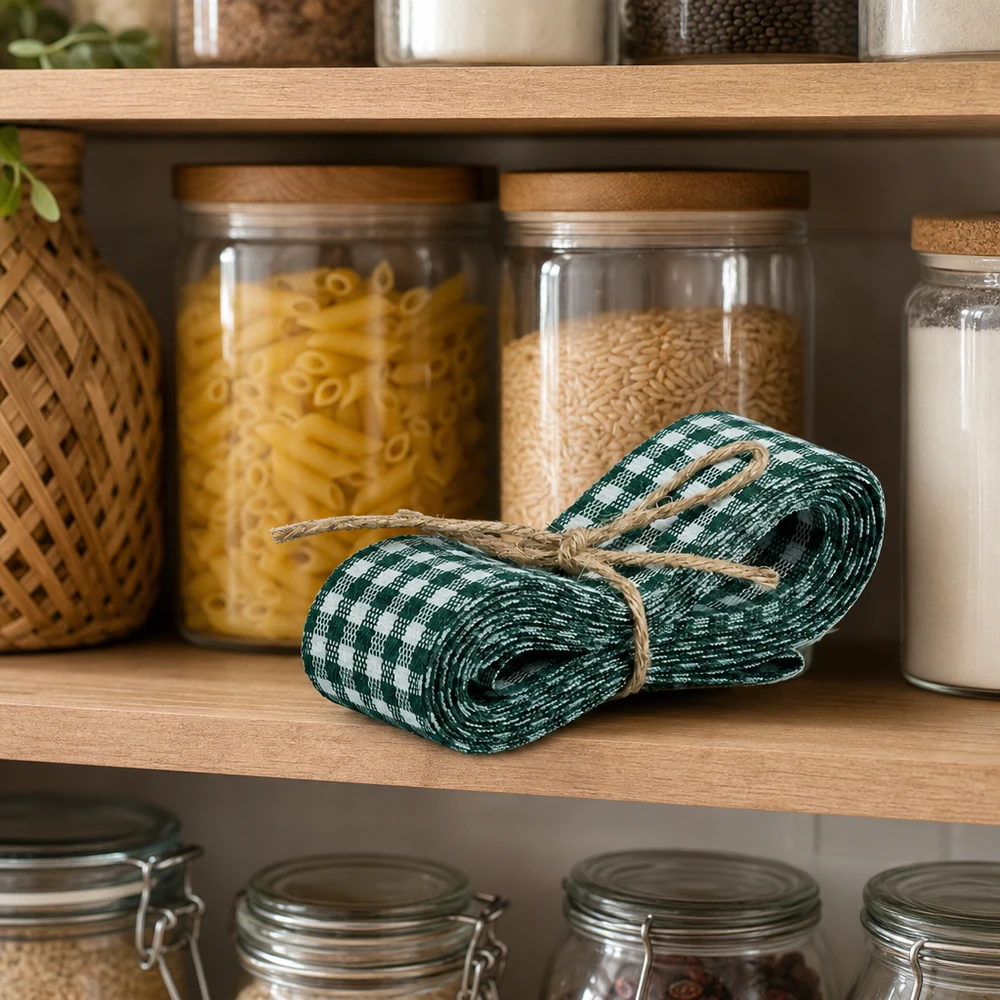 Nastro in tessuto verde e bianco di 300 cm sul ripiano della cucina tra i barattoli di pasta e riso come decorazione della dispensa