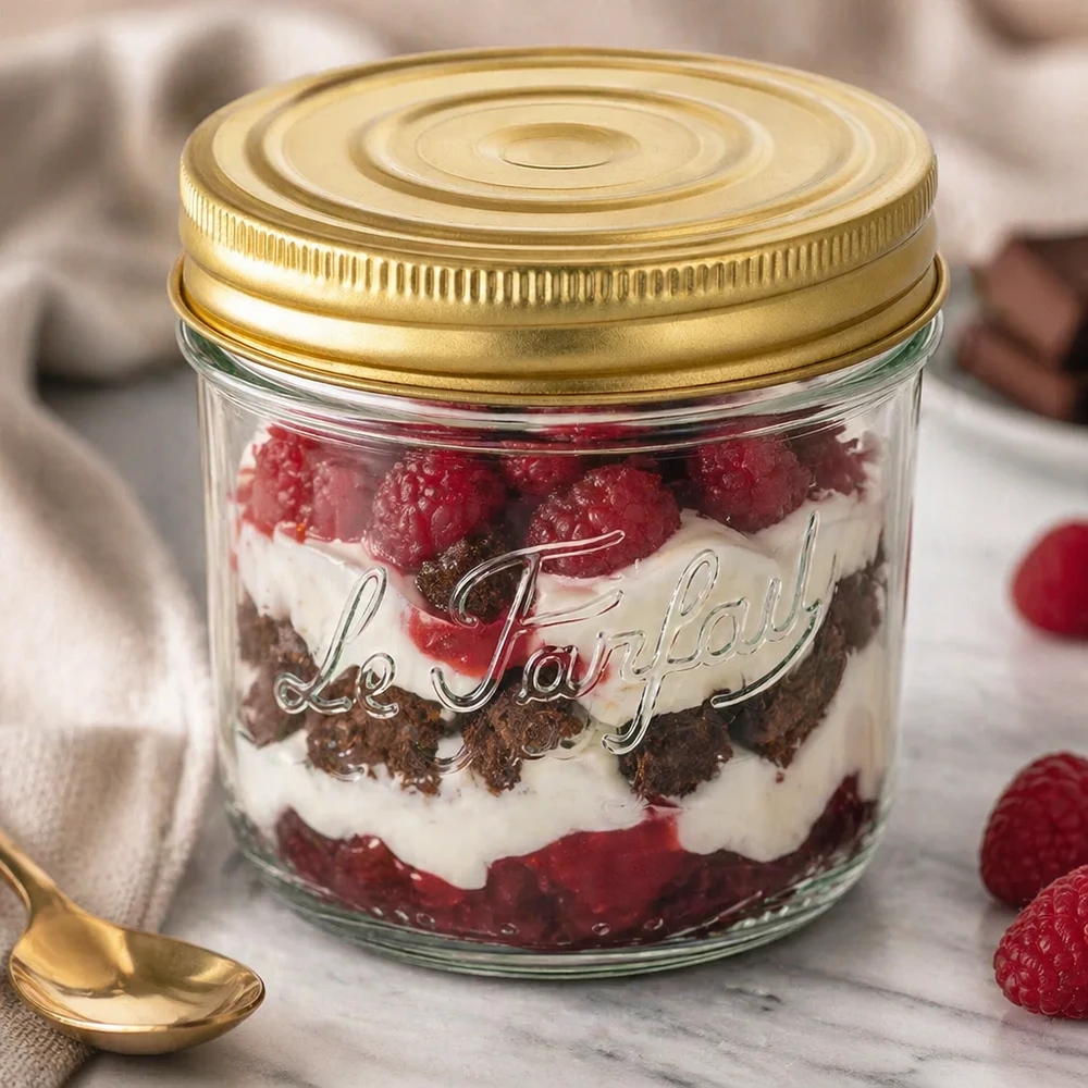 Le Parfait® Familia Wiss 350 g Ø100 mm vaso Bicchieri Familia Wiss da 415 ml con coperchio dorato riempiti con un dessert a strati di lamponi e crema su marmo
