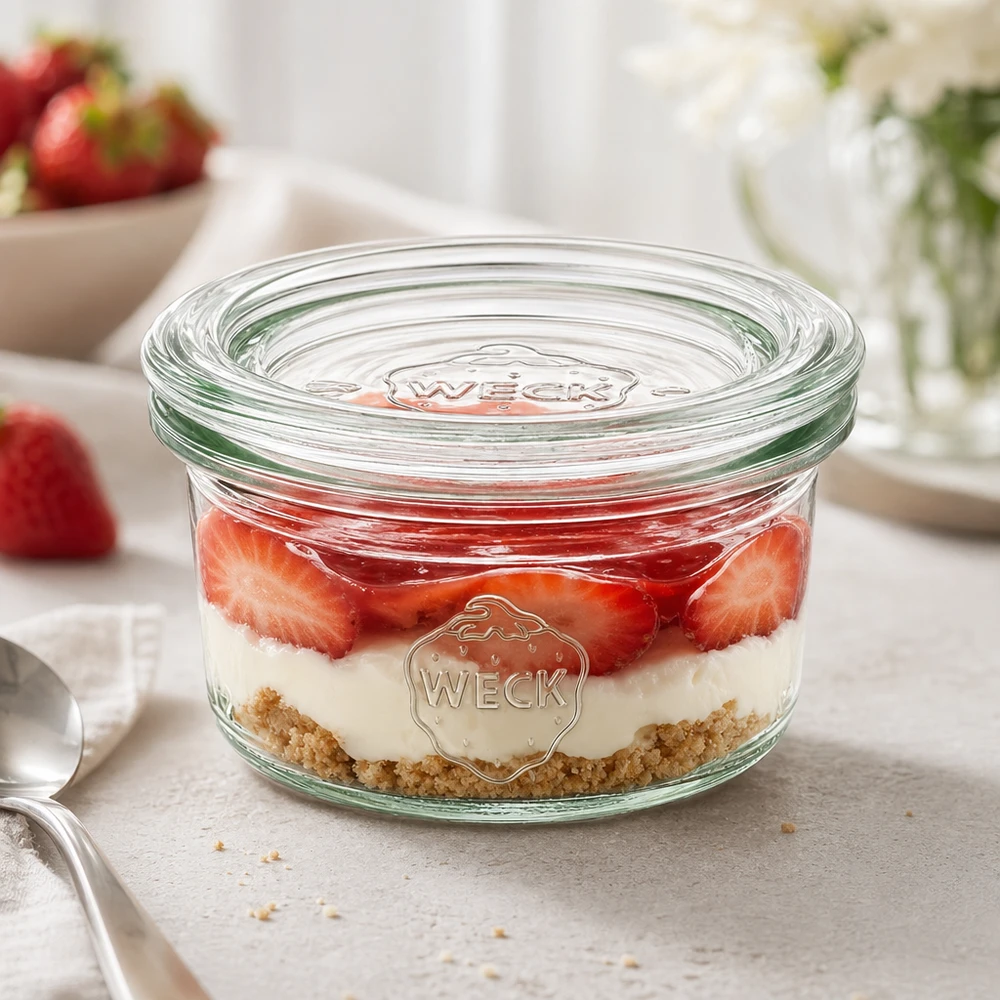 50ml Sturzglas mit Glasdeckel WECK RR60 WECK Sturzglas 50ml RR60 mit Schichtdessert aus Erdbeeren und Creme als elegante Portionierung auf weißer Arbeitsplatte