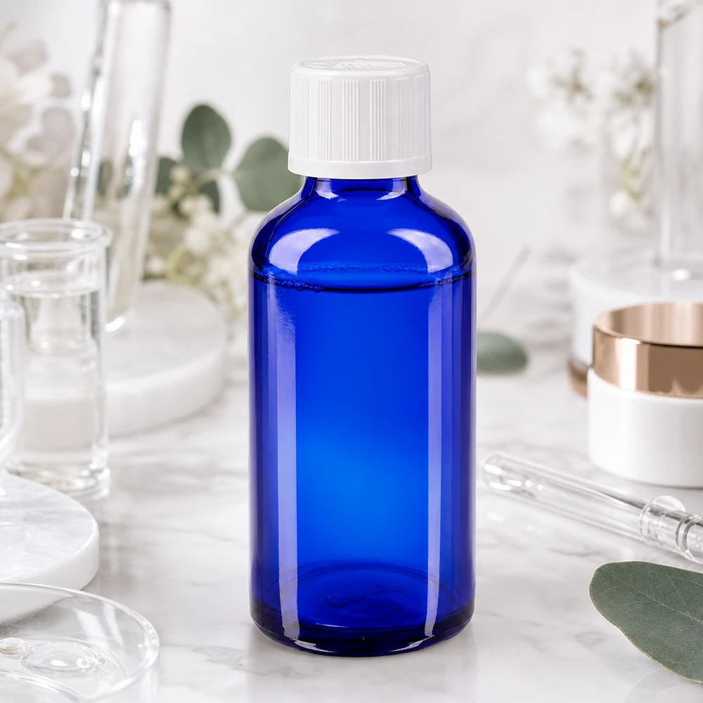Apothekenflasche blau 50ml Schraubverschluss weiß Kindersicherung Standard Medizinische Glasflasche 50ml in Blau mit weißem KiSi-Verschluss und Eukalyptusblättern