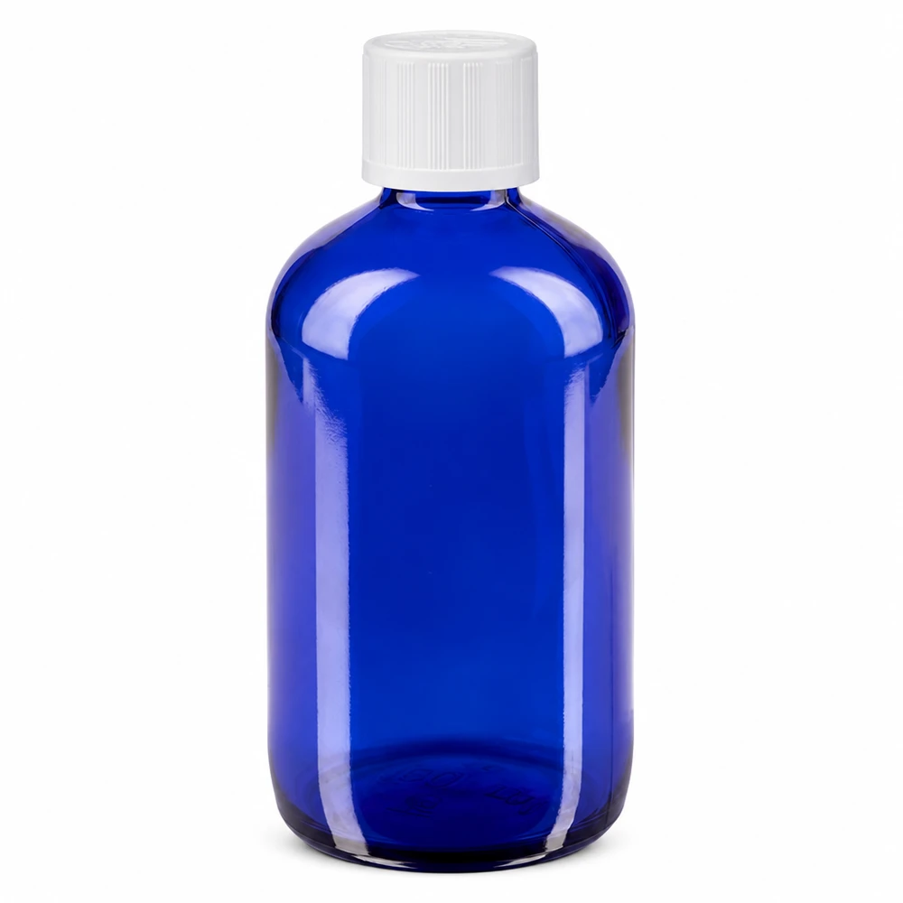 Flacon de pharmacie bleu 100ml bouchon compte-gouttes blanc sécurité enfant std Flacon en verre bleu de 100 ml, de type pharmacie, muni d'un bouchon de sécurité blanc pour enfants et d'un compte-gouttes de 1,2 mm