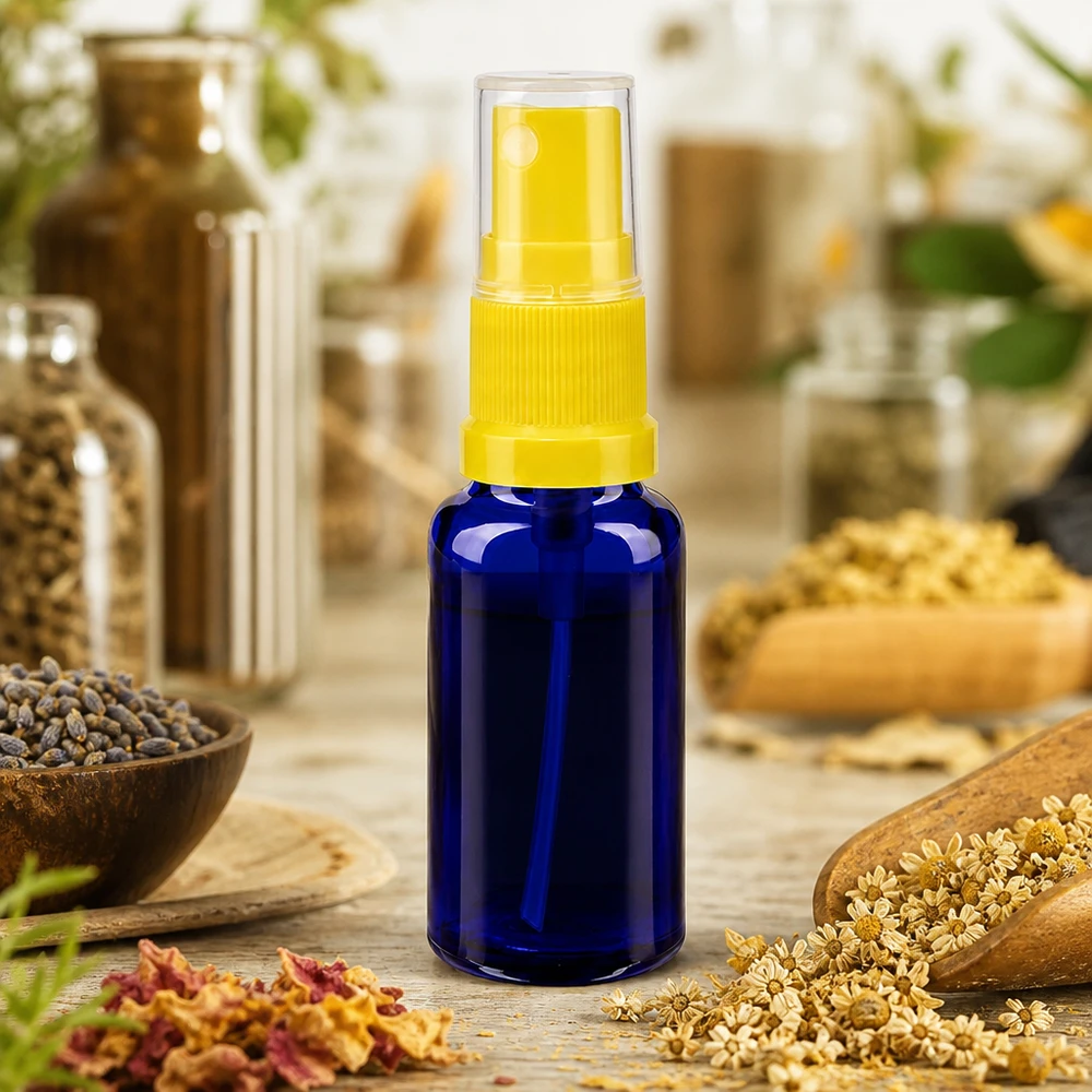Apothekenflasche blau 20ml Sprayaufsatz gelb Handliche Sprühflasche blau 20ml mit gelbem Aufsatz neben Lavendel und Kamillenblüten