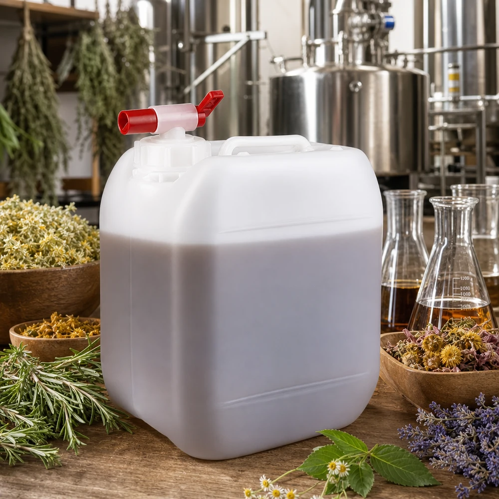 Jerrican de 5 litres avec robinet Bidon en plastique blanc de 5 litres muni d'un robinet rouge, entouré d'herbes et de fleurs séchées