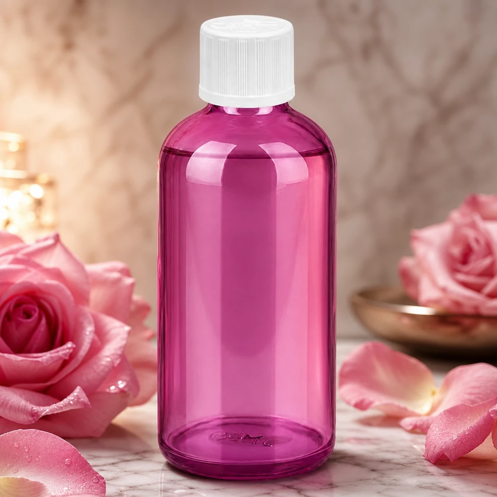 Flacone dosatore viola da 100 ml con tappo bianco di sicurezza per bambini e contagocce