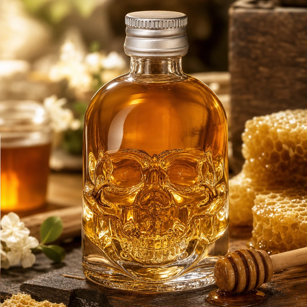 Bottiglia di vetro a teschio Hector da 50 ml riempita di miele accanto a favo e cucchiaio di miele in una cucina rustica