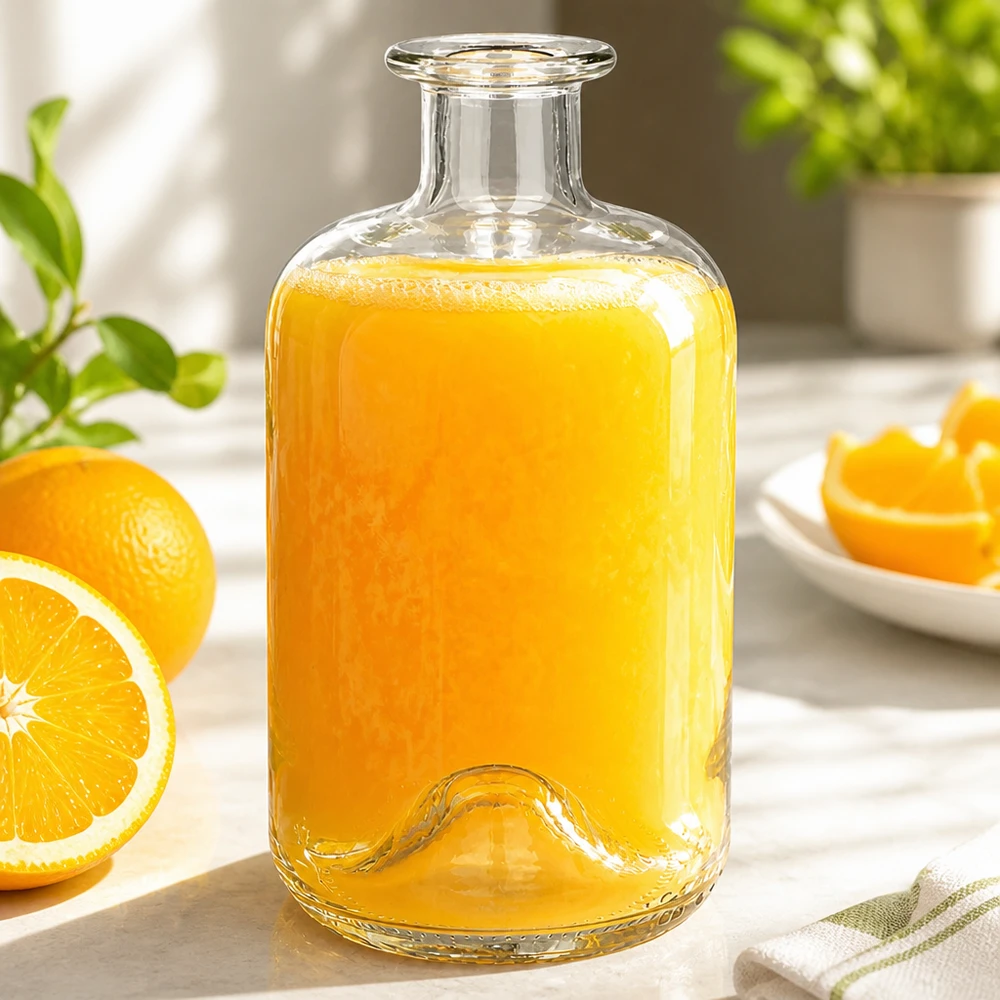 Bottiglia in vetro Luna da 500 ml riempita di succo d'arancia fresco accanto a fette d'arancia come caraffa di succo in cucina