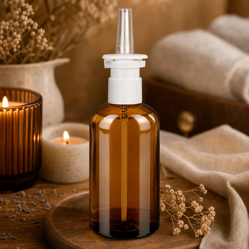 Flacone in vetro da 100 ml per spray nasali, protetto dalla luce, con dosatore a pompa di facile utilizzo