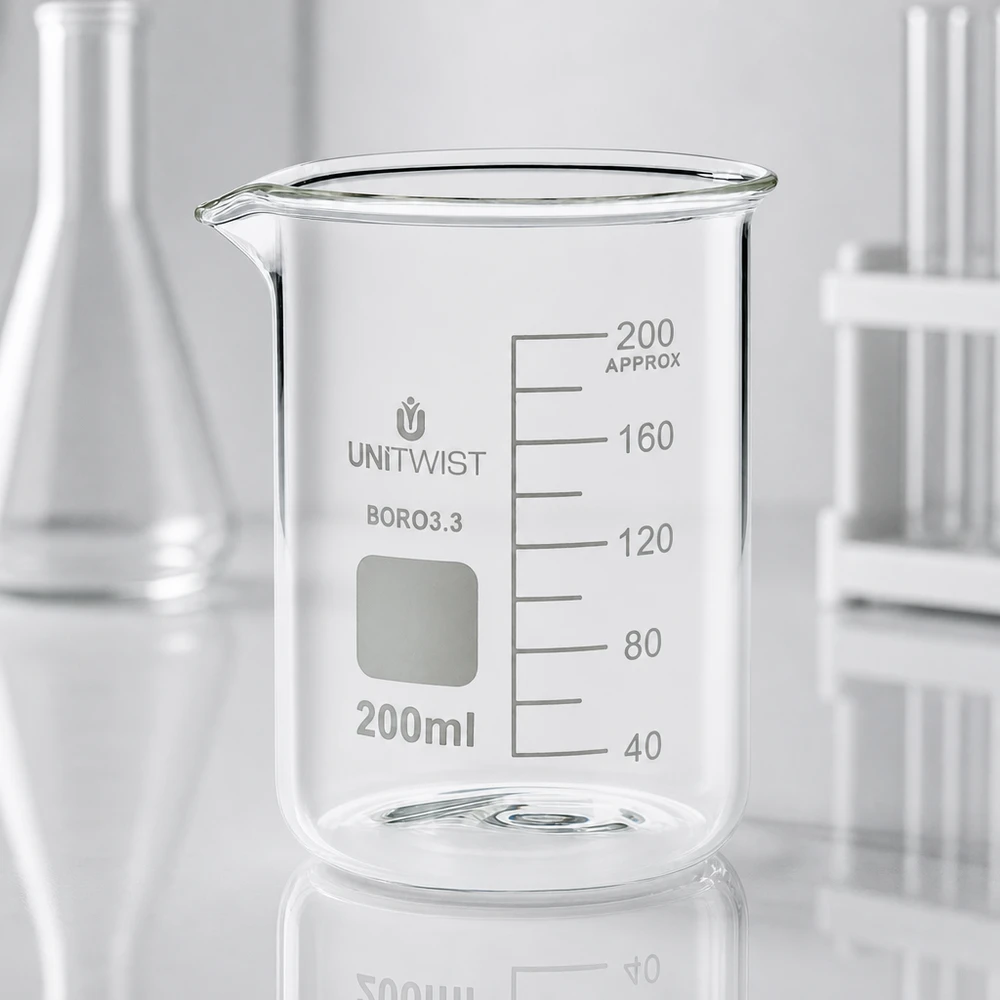 Bicchiere da 200 ml in borosilicato, stampo basso UNiTWIST Bicchiere da laboratorio UNiTWIST da 200 ml in borosilicato, a forma bassa, con area di scrittura bianca